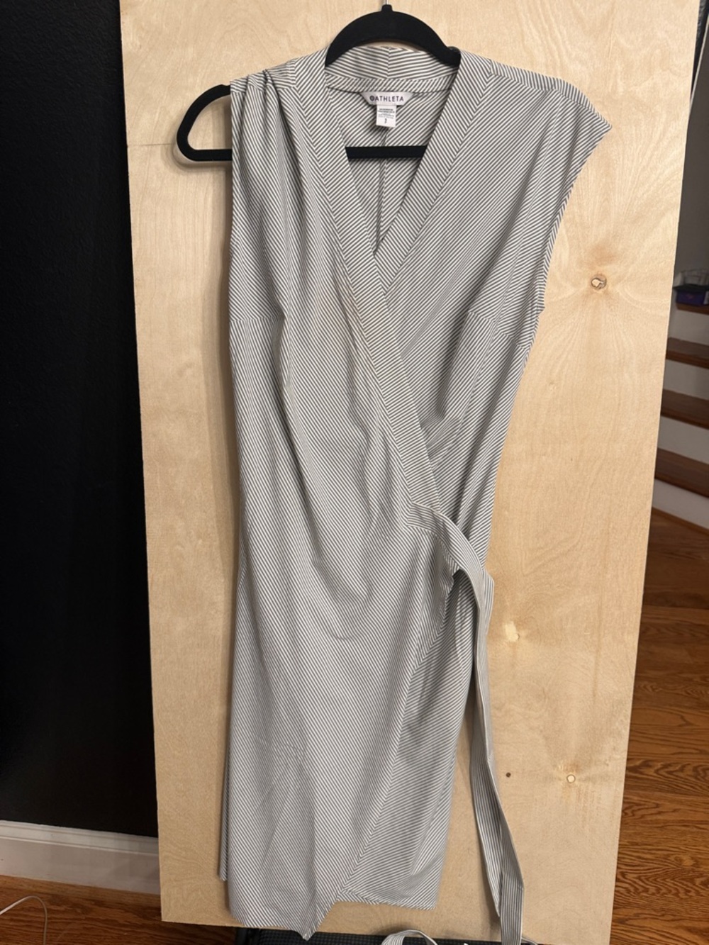 Athleta Black and White Pinstripe Wrap Midi Dress